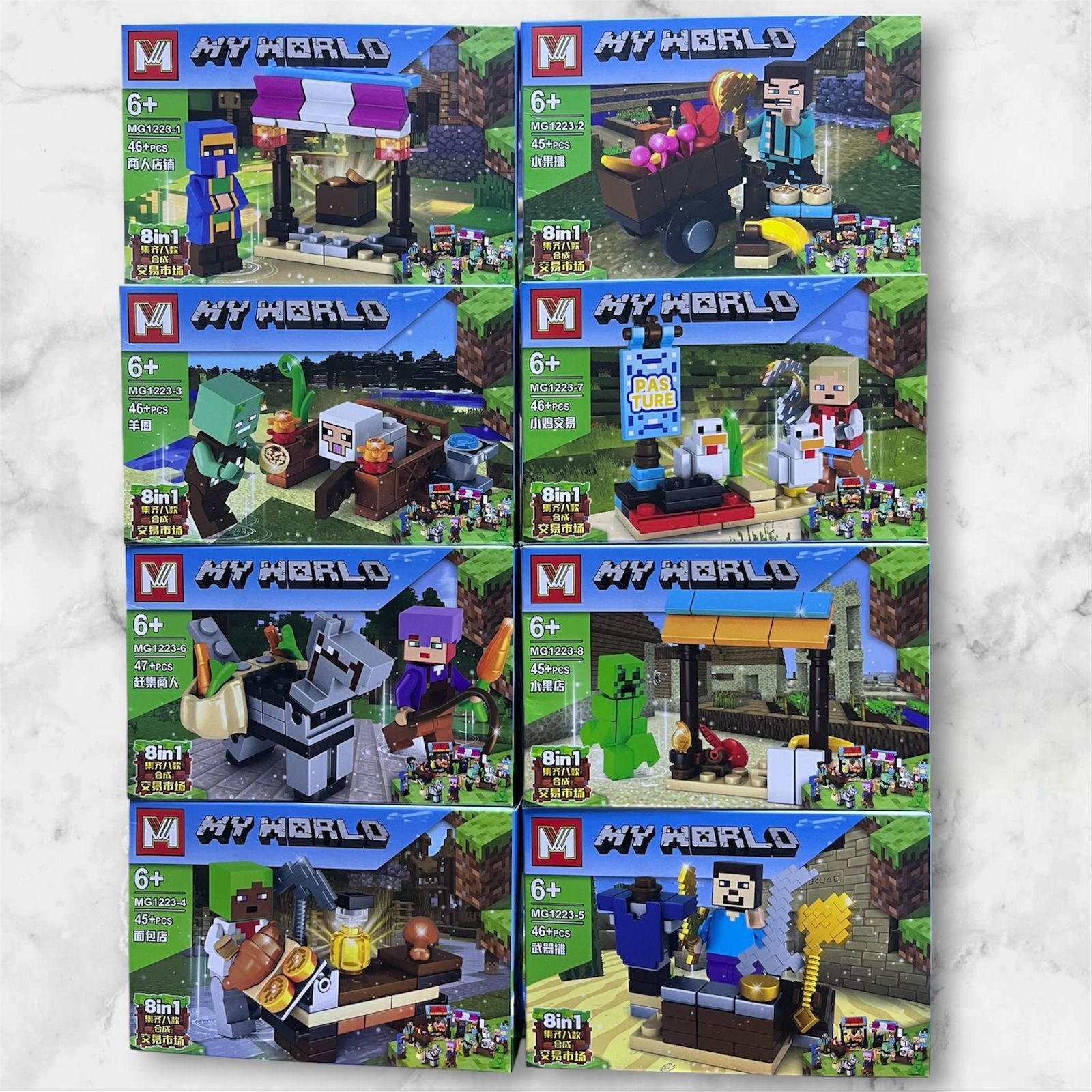 Set 8 en 1 Minecraft Mercado de la Aldea MG1223 con 8 mini sets armables, compatible con LEGO