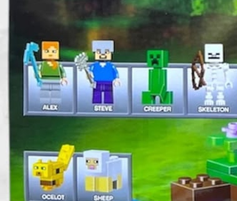 Minifiguras de Minecraft incluidas: Steve, Alex, Creeper, Esqueleto, Ocelote y Oveja