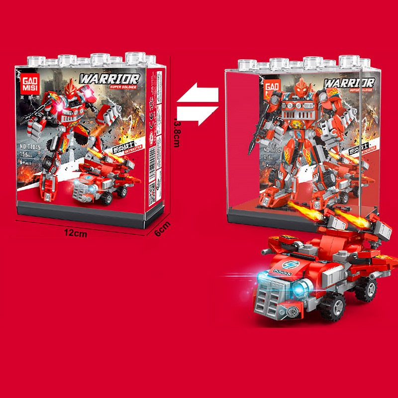 Robot rojo GAOMISI T1045-1 en modo vehiculo y medidas de la vitrina 12 x 6 x 13.8 cm