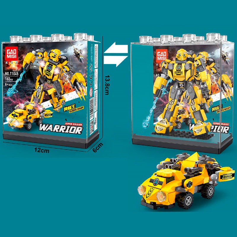 Robot amarillo GAOMISI T1045-3 en modo vehiculo y medidas de la vitrina 12 x 6 x 13.8 cm