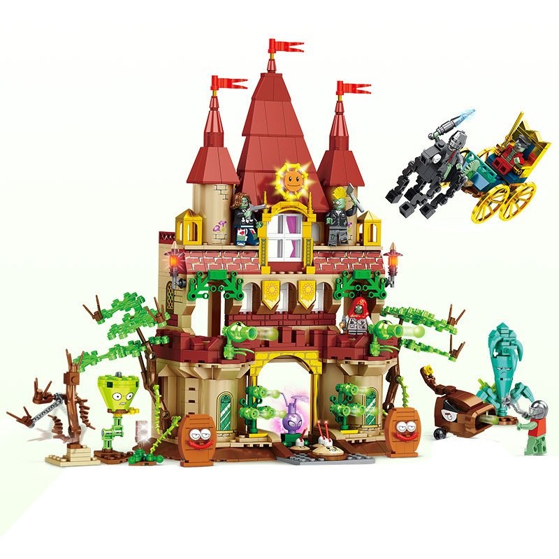 Castillo del Jardín Plantas vs Zombies JX90106 armado con torres, plantas defensoras y caballo esqueleto