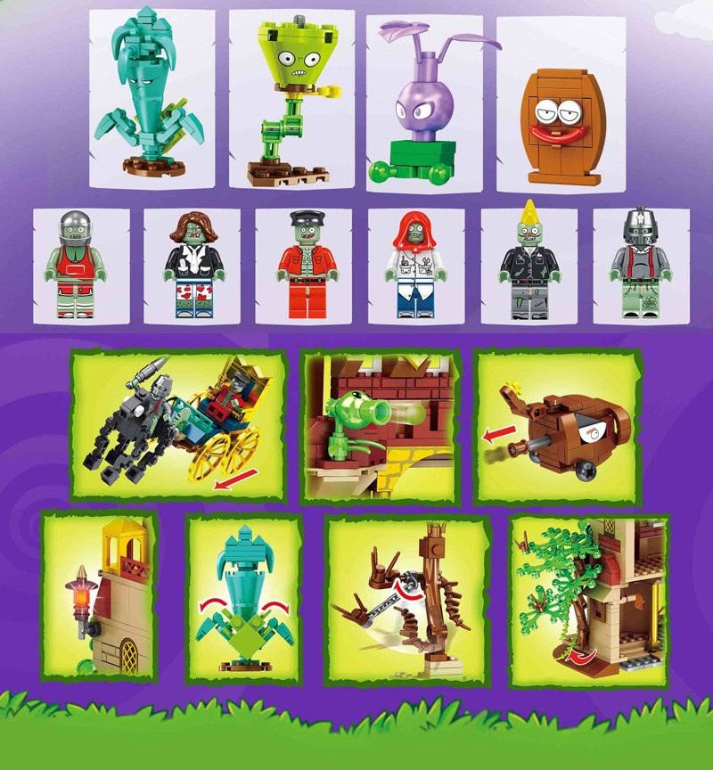 Contenido del set Plantas vs Zombies JX90106: plantas armables, 6 minifiguras de zombies y modos de juego