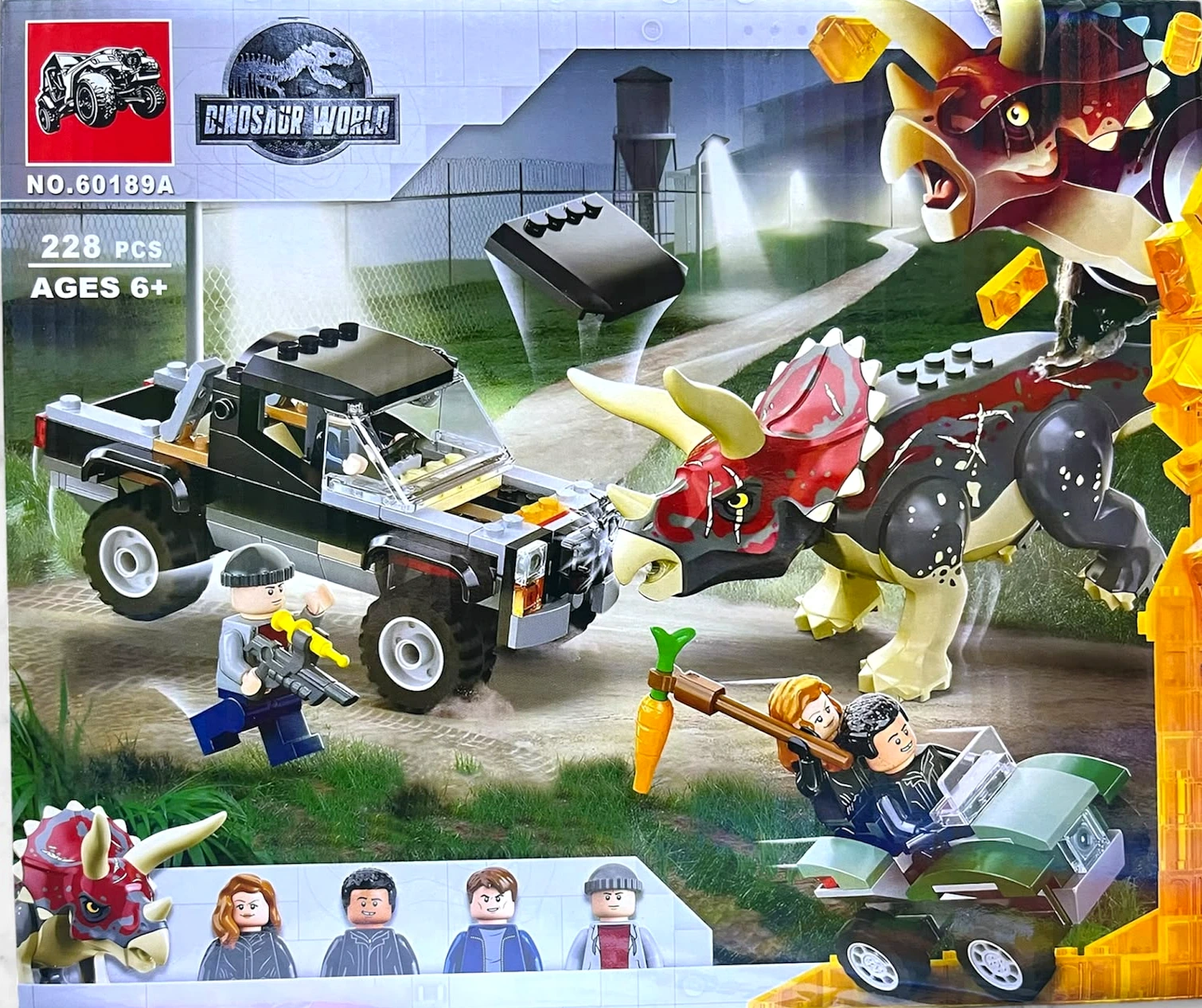 Foto frontal de la caja Dinosaur World 60189A con camioneta kart triceratops y personajes