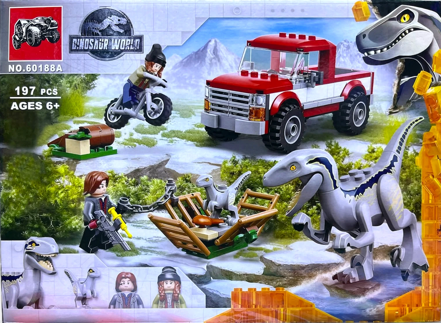 Foto frontal de la caja Dinosaur World 60188A con camioneta moto velociraptor y personajes
