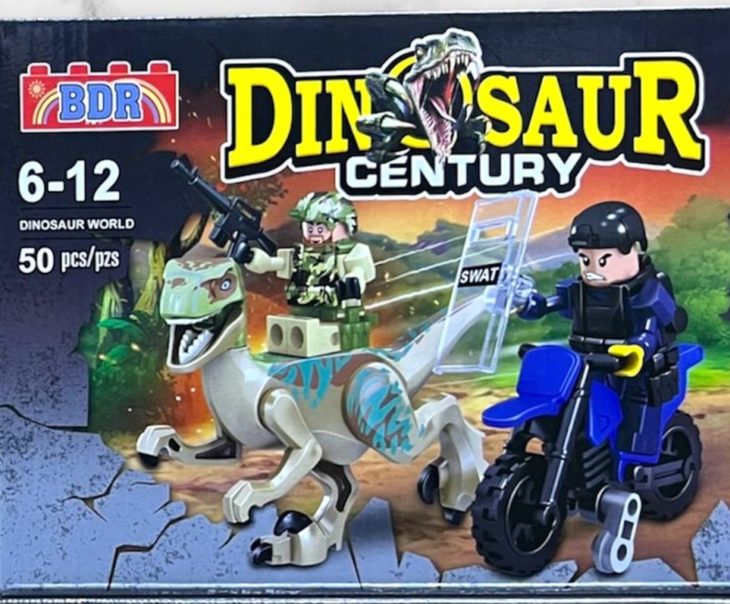 Dinosaurio raptor gris armable con motocicleta y figuras de soldado y SWAT, set BDR Dinosaur Century de 50 piezas compatible con bloques