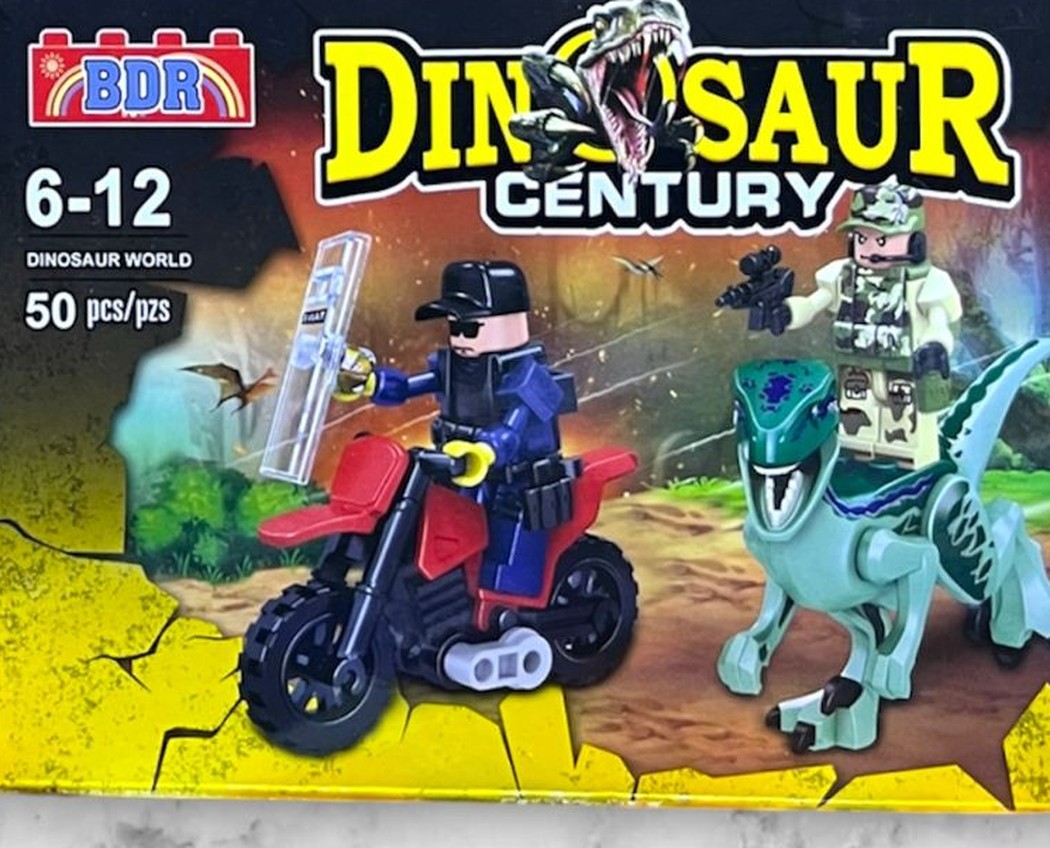 Dinosaurio raptor turquesa armable con motocicleta y figuras de soldado y SWAT, set BDR Dinosaur Century de 50 piezas compatible con bloques