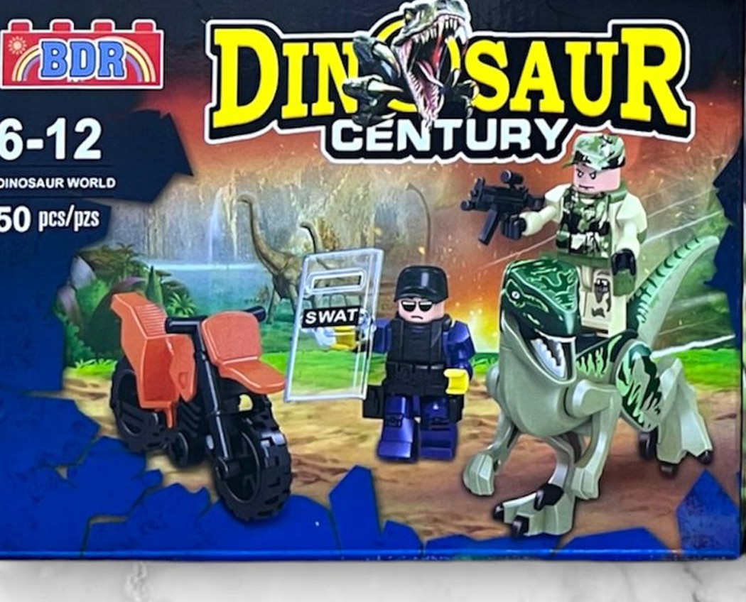 Dinosaurio raptor verde armable con motocicleta y figuras de soldado y SWAT, set BDR Dinosaur Century de 50 piezas compatible con LEGO