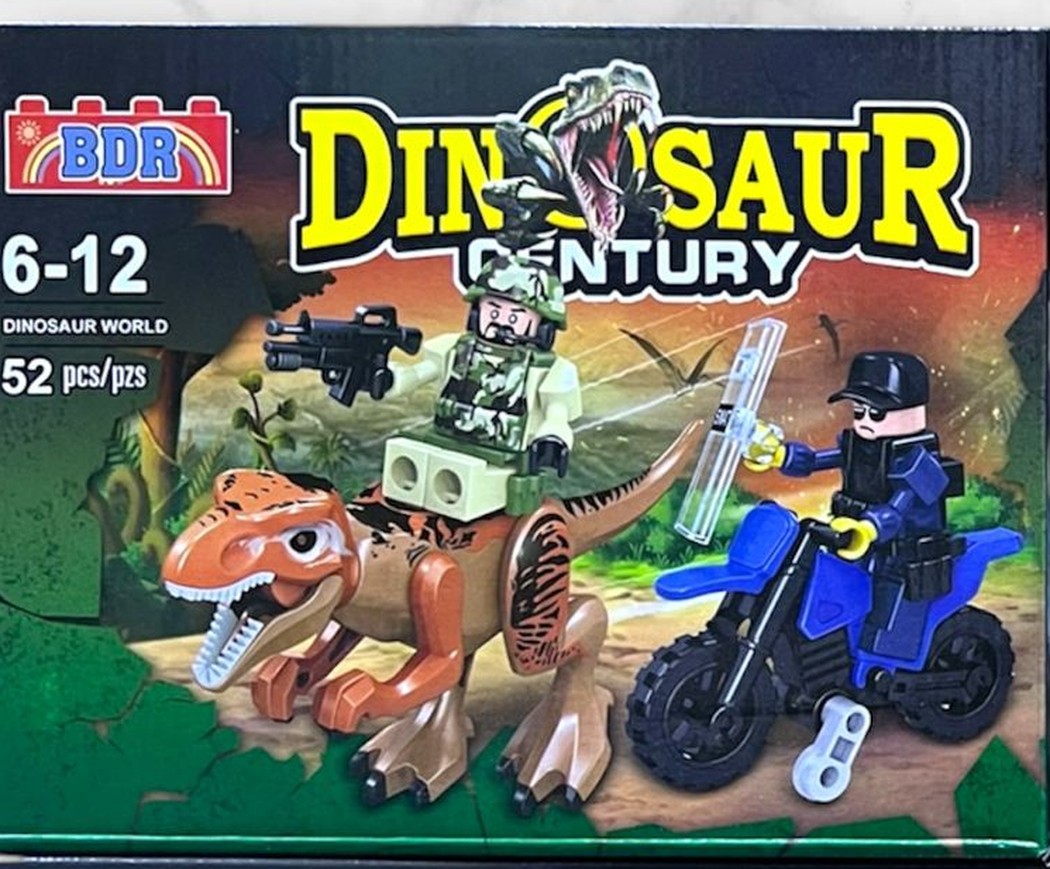 Dinosaurio T-Rex naranja armable con motocicleta y figuras de soldado y SWAT, set BDR Dinosaur Century de 52 piezas compatible con LEGO