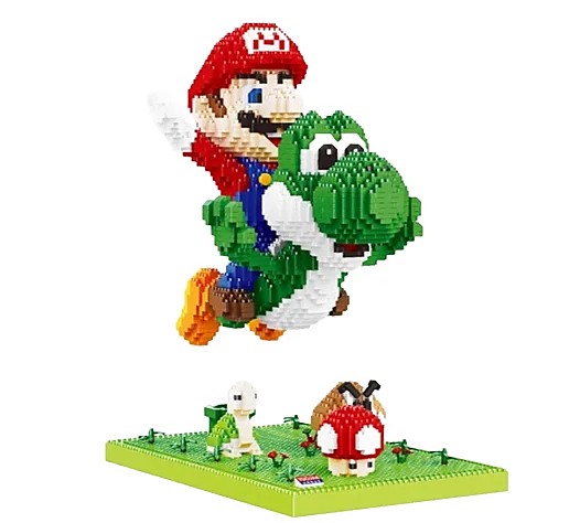 Modelo completo Mario sobre Yoshi de 3330 piezas con base verde y accesorios