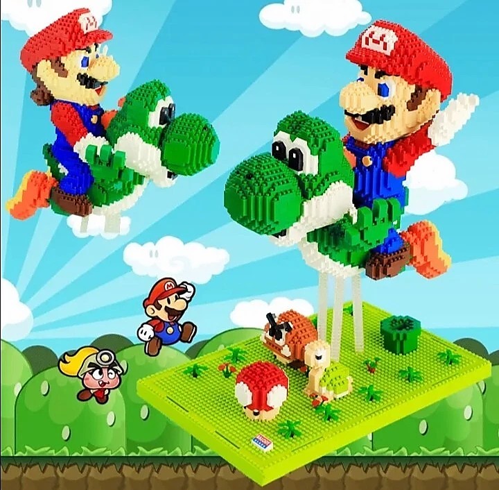 Escena decorativa del set Mario y Yoshi 3330 piezas con fondo de videojuego