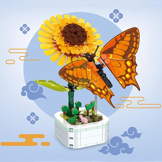 Detalle del girasol armable con mariposa monarca Zuanma 103-F3