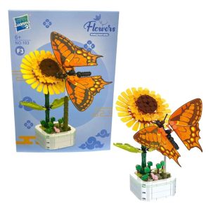 Girasol con mariposa armable en maceta Zuanma 103-F3 junto a su caja original