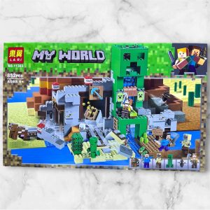 Caja del set Minecraft La Mina del Creeper 11363 de LARI con 852 piezas, con Creeper gigante, TNT, vagoneta y minifiguras, compatible con LEGO