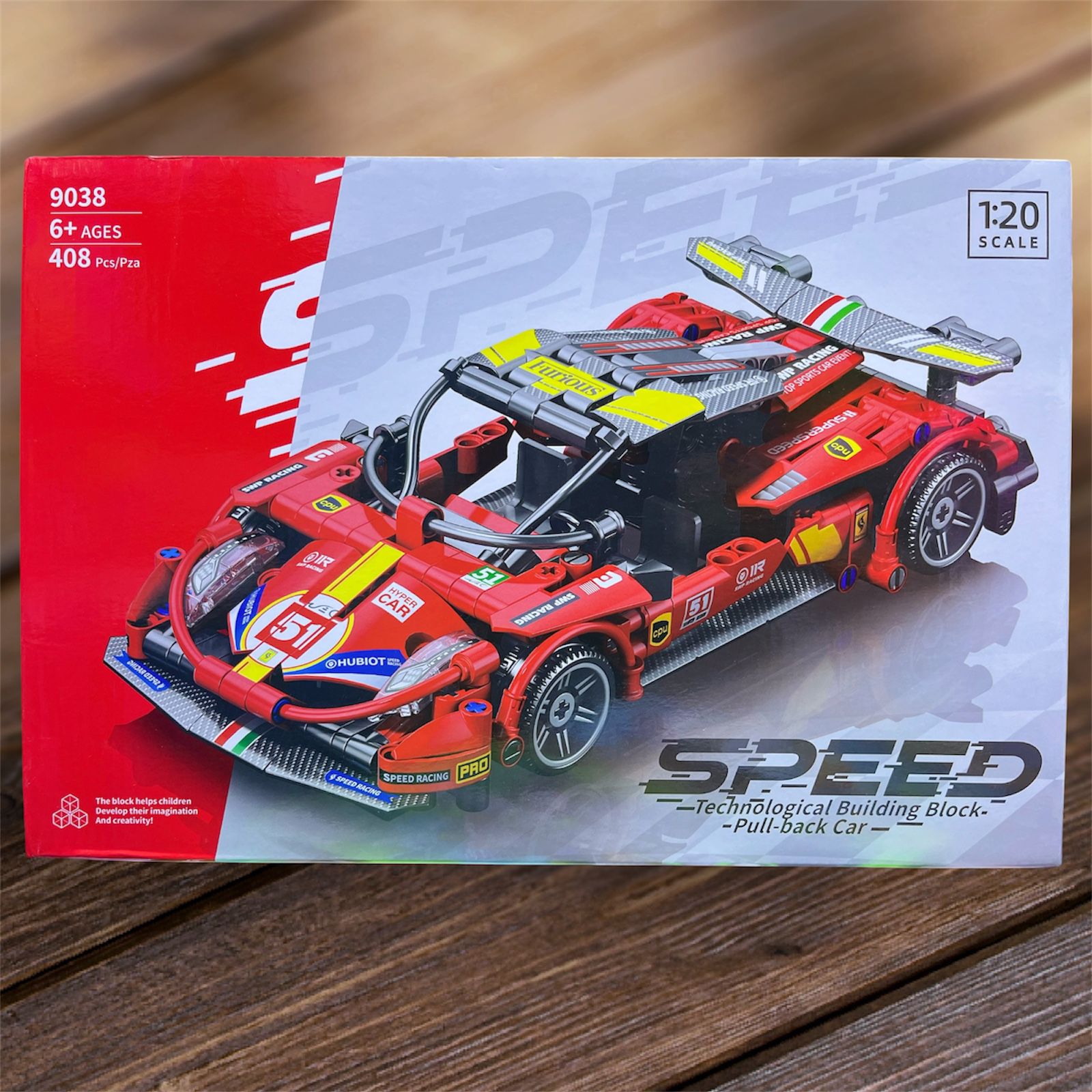 Caja del set Lele Brother Speed Pull-Back Car 9038 de 408 piezas, auto deportivo rojo 1:20 con funcion pull back