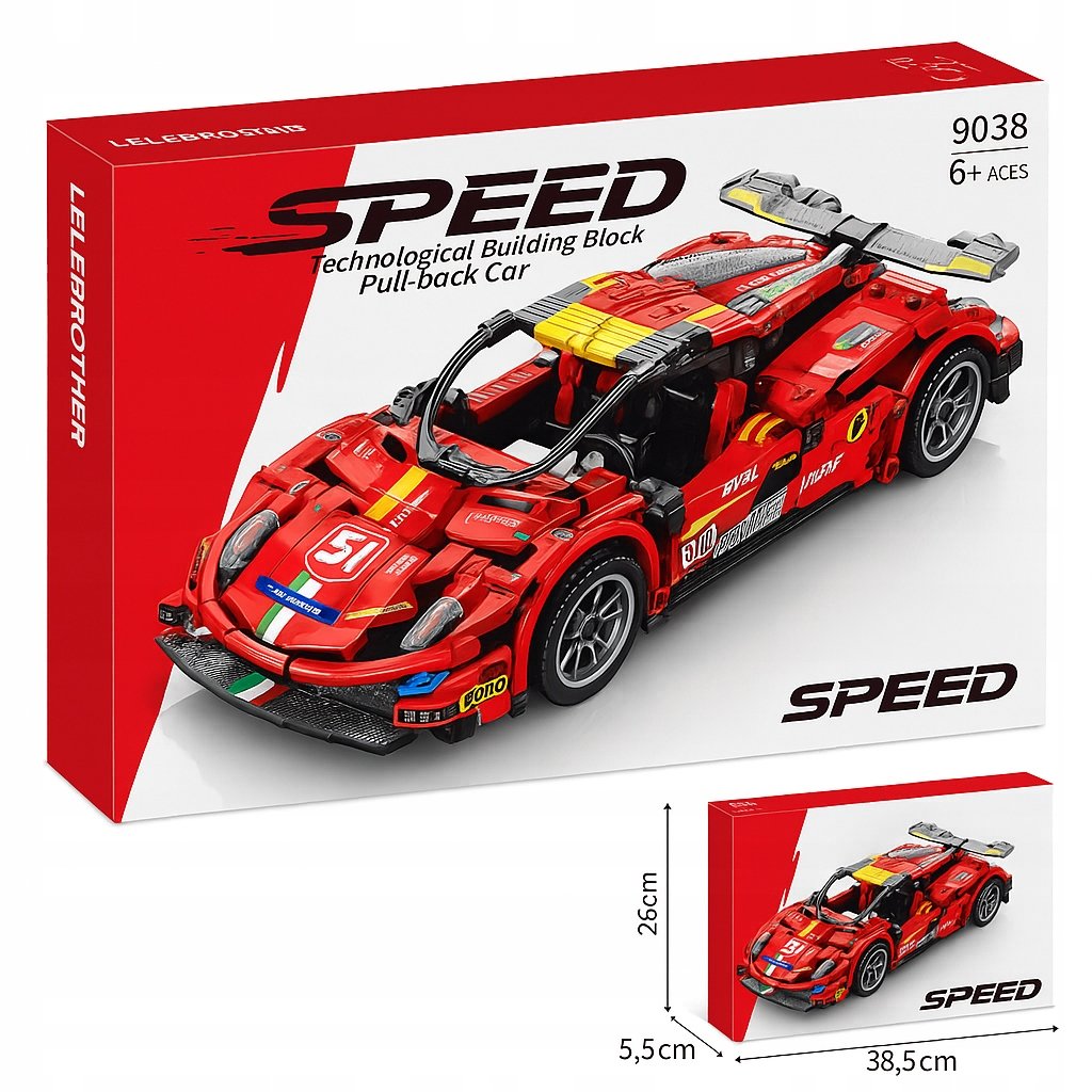 Imagen de referencia del Lele Brother Speed Pull-Back Car 9038 rojo con caja, 408 piezas, edad 6+ y medidas del empaque 38.5 x 5.5 x 26 cm