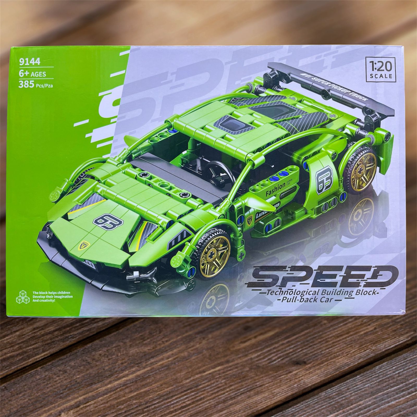 Caja del set Lele Brother Speed Pull-Back Car 9144 de 385 piezas, auto deportivo verde 1:20 con funcion pull back