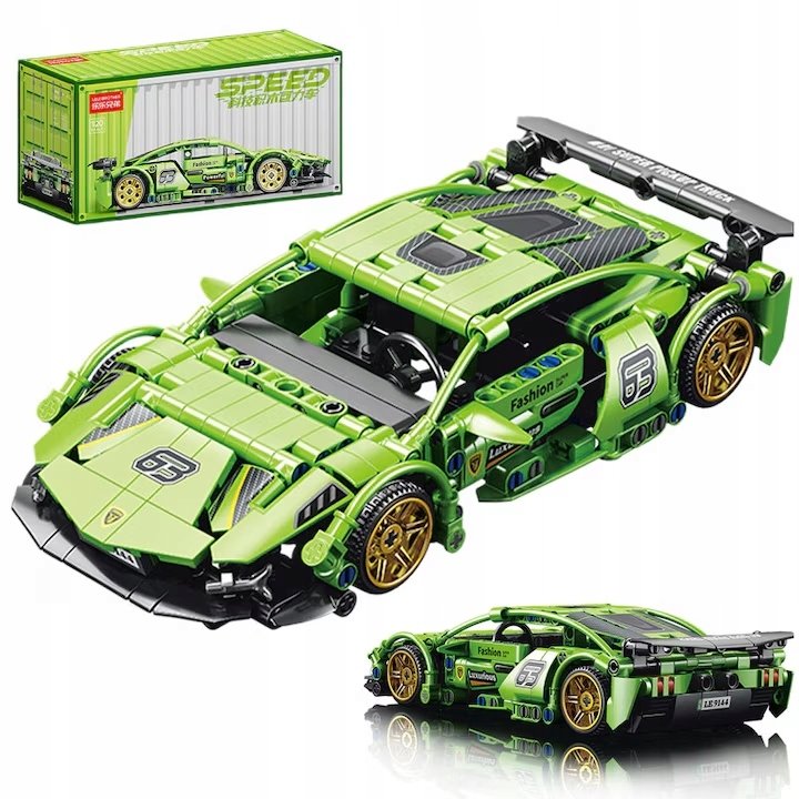 Imagen de referencia del Lele Brother Speed Pull-Back Car 9144 verde con caja y vistas del modelo armado, 385 piezas, escala 1:20