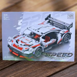 Caja del set Lele Brother Speed Pull-Back Car 9145 de 372 piezas, auto deportivo blanco 1:20 con funcion pull back