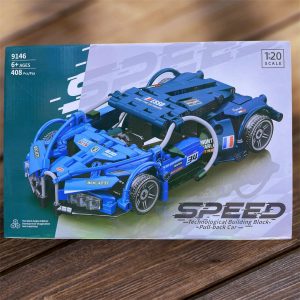 Caja del set Lele Brother Speed Pull-Back Car 9146 de 408 piezas, auto deportivo azul 1:20 con funcion pull back
