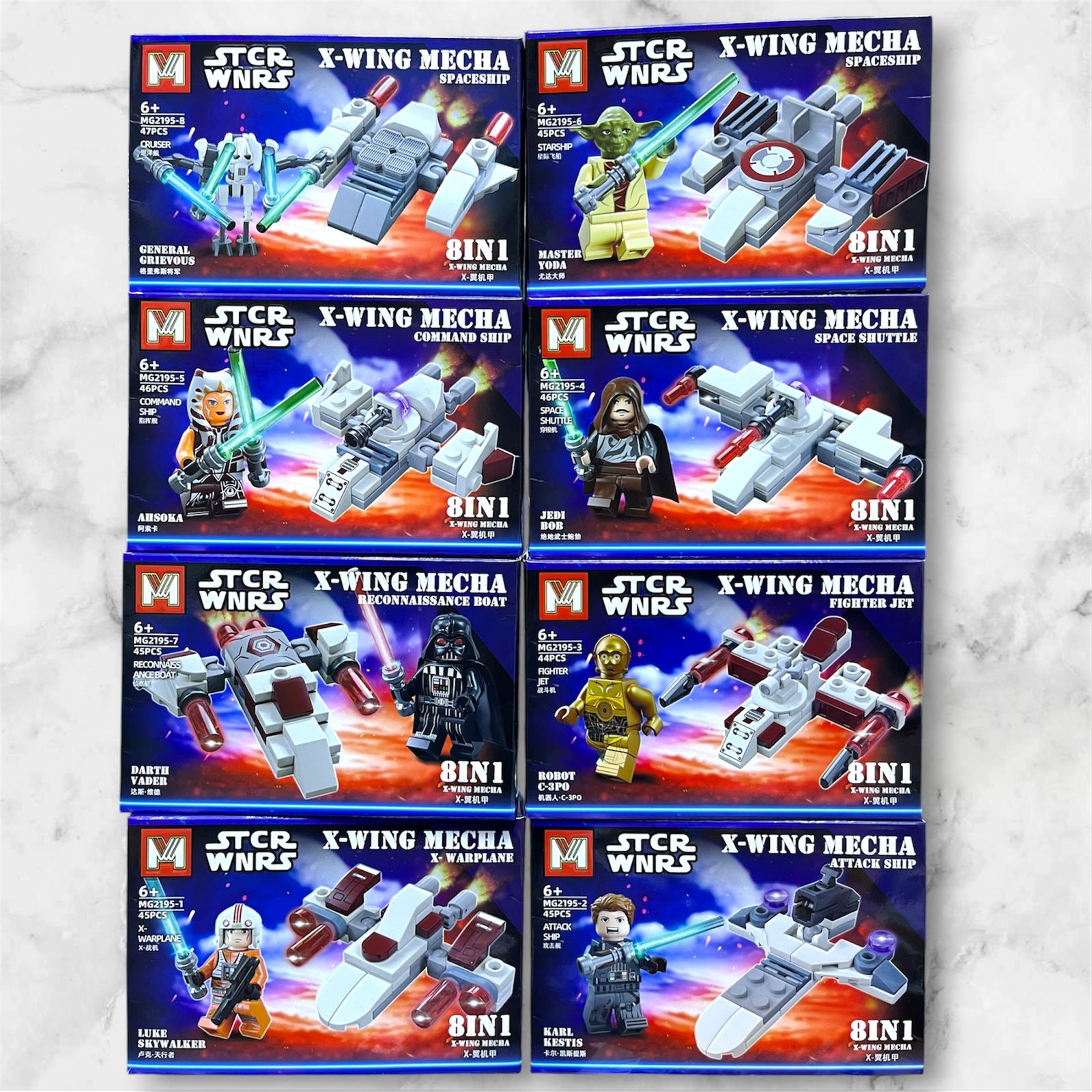 Set completo MG X-Wing Mecha 8 en 1 MG2195 con ocho cajas de bloques compatibles inspirados en Star Wars