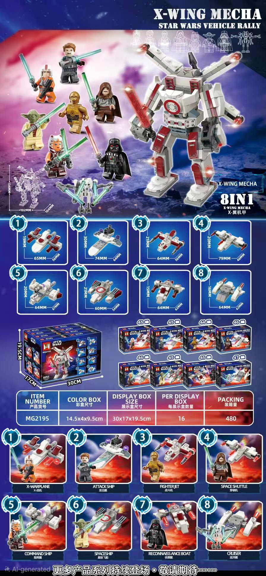 Poster del set MG X-Wing Mecha MG2195 8 en 1 con medidas de cada nave, caja individual 14.5 x 4 x 9.5 cm y display 30 x 17 x 19.5 cm