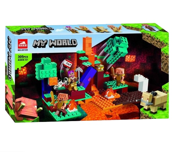Vista frontal de la caja del set de bloques Minecraft Bosque Deformado My World 60105A de 305 piezas con hongos deformados, lava y portal del Nether