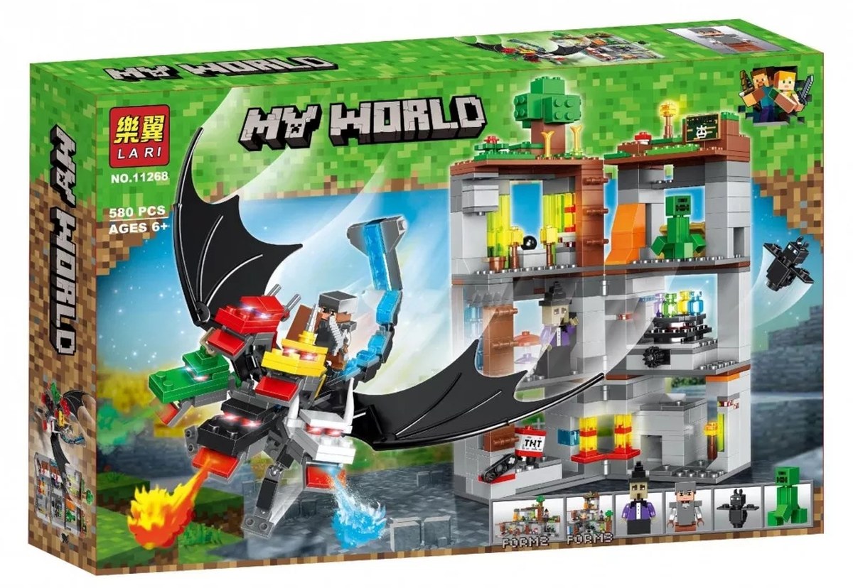 Caja del set armable Minecraft El Ataque del Dragón 11268 LARI My World de 580 piezas compatible