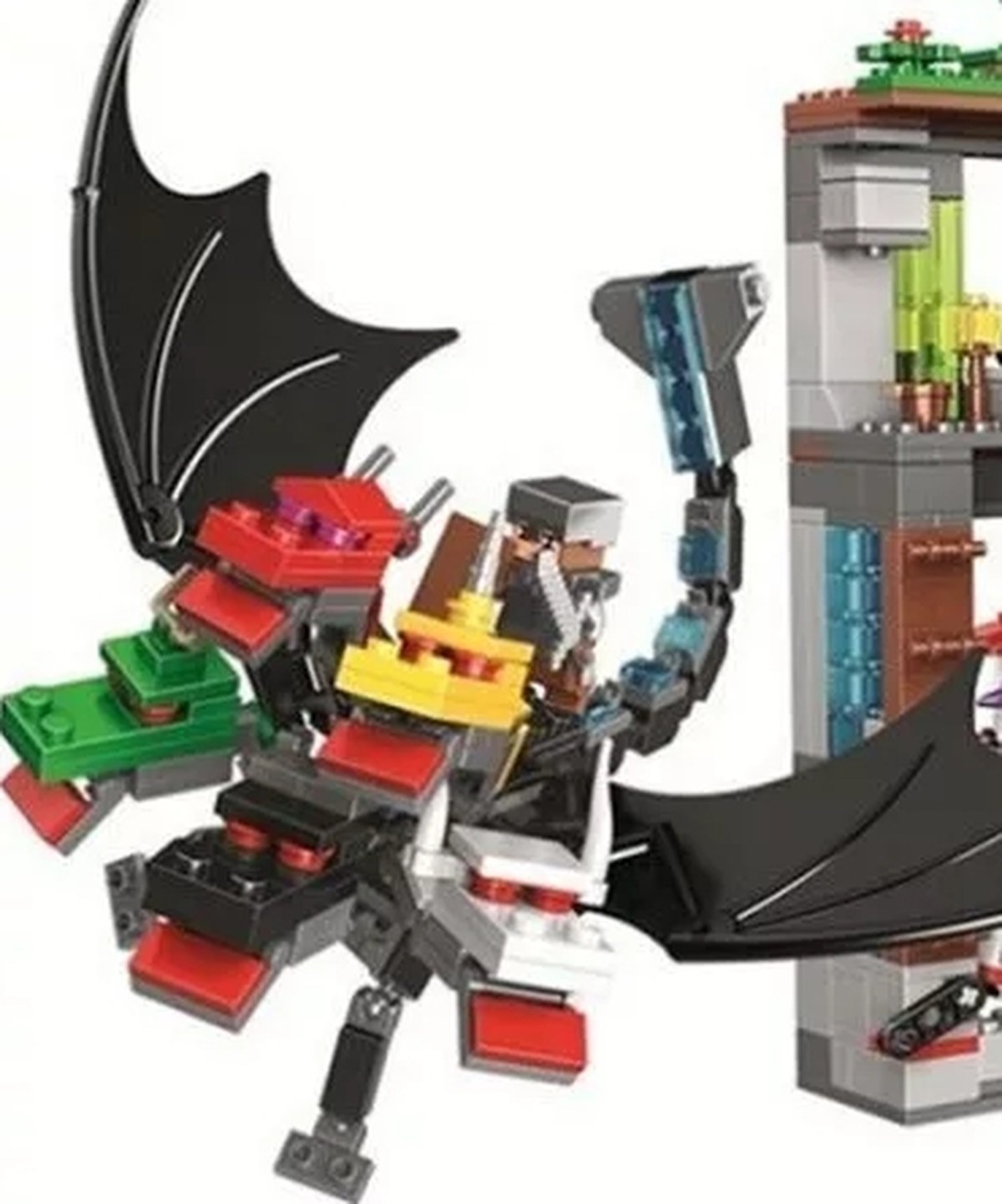Dragón negro alado articulado con jinete Steve del set armable Minecraft El Ataque del Dragón 11268