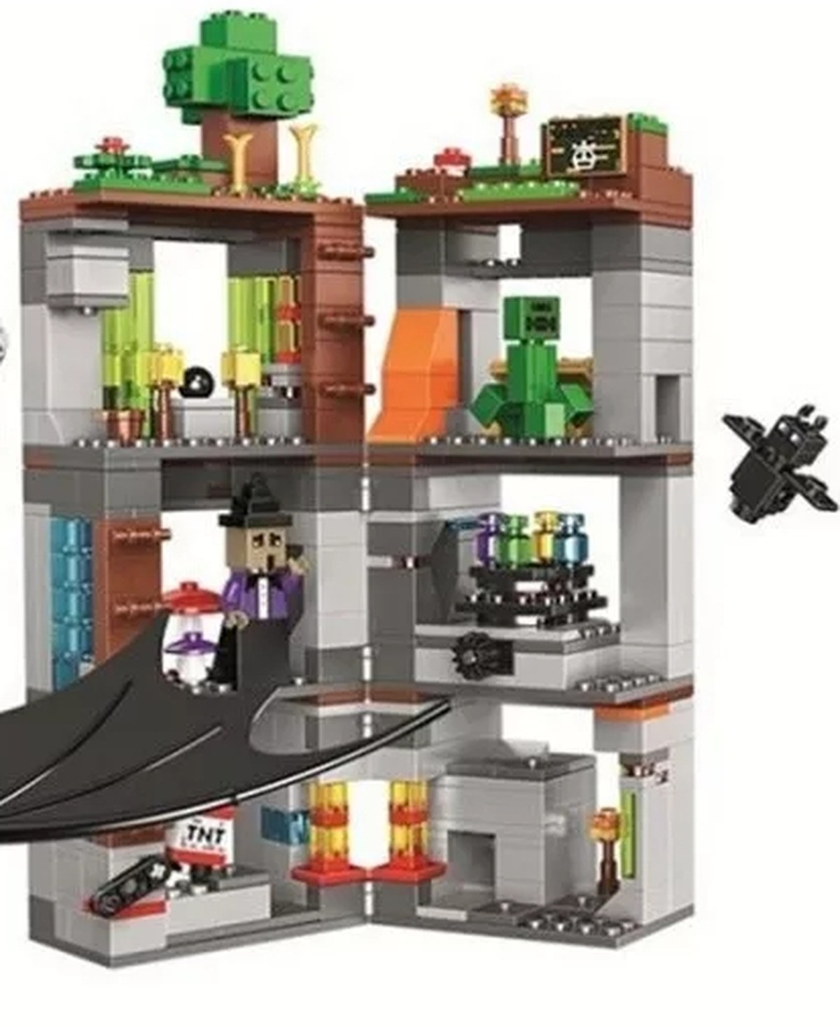 Fortaleza Minecraft de varios niveles con Creeper, bruja, TNT y mesa de pociones del set 11268