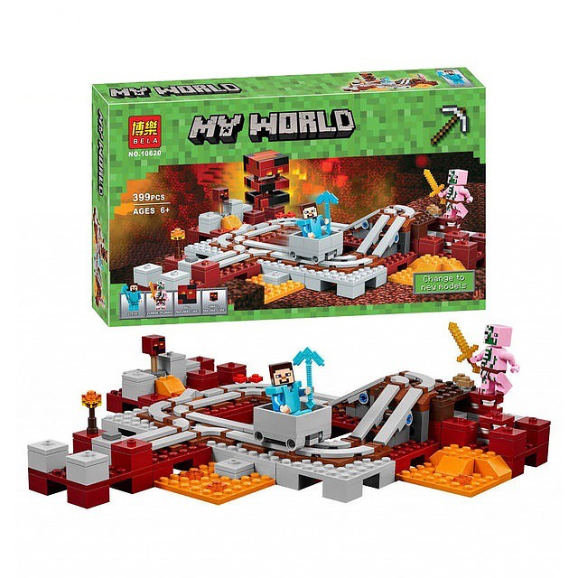 Caja y modelo armado del set Minecraft El Ferrocarril del Nether 10620 con vagoneta, rieles y figuras