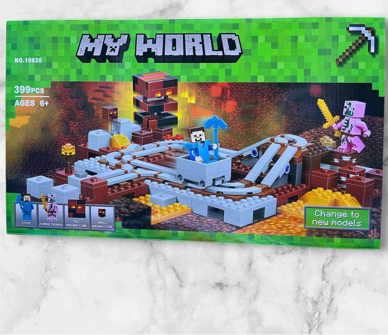 Caja del set armable Minecraft My World 10620 El Ferrocarril del Nether de 399 piezas marca BELA