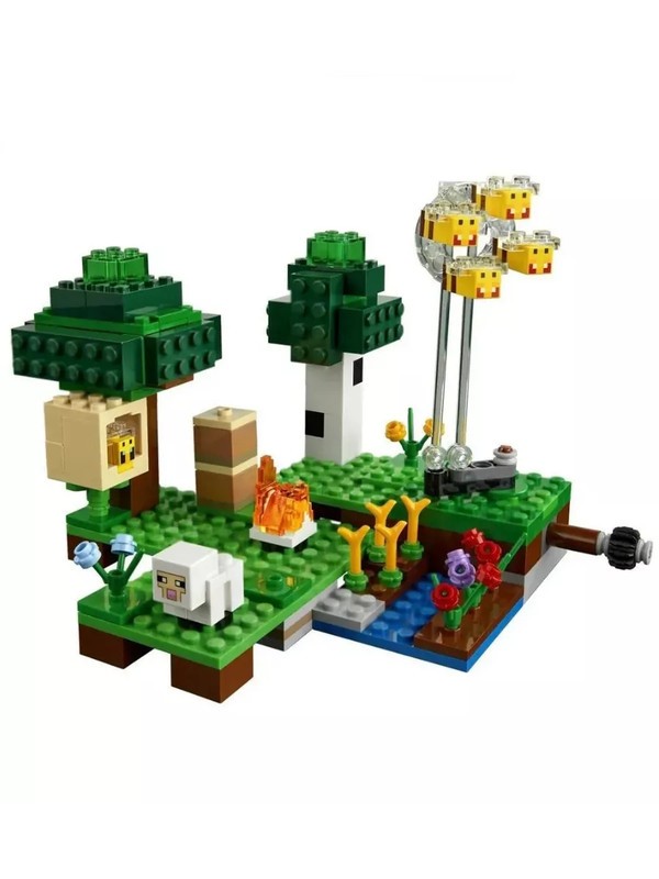 Granja de abejas Minecraft 11581A6 armada con árboles, colmena, río y flores de bloques