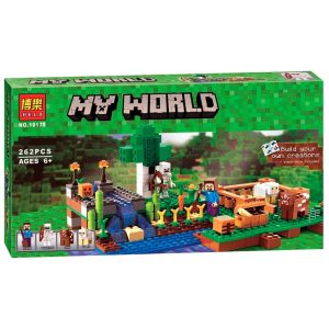 Caja del set Minecraft La Granja 10175 de BELA con 262 piezas y 4 minifiguras: Steve, esqueleto, vaca y oveja
