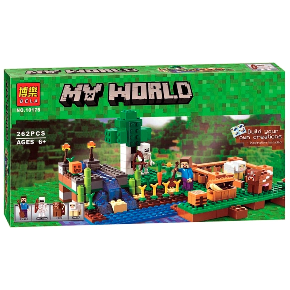 Caja del set Minecraft La Granja 10175 de BELA con 262 piezas y 4 minifiguras: Steve, esqueleto, vaca y oveja