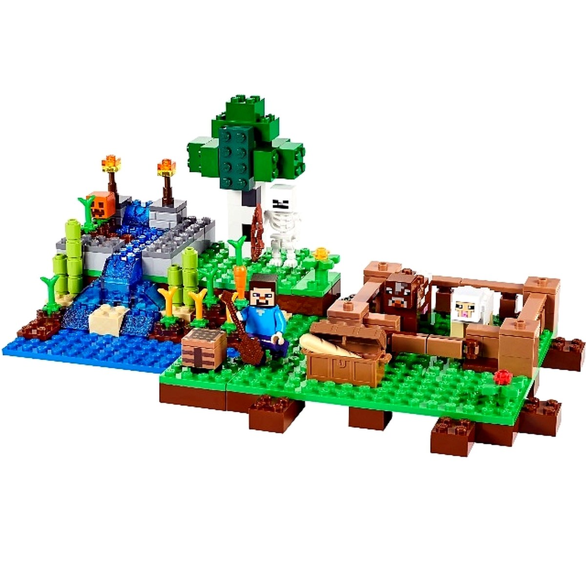 Detalle de la cascada, calabazas y cultivos de zanahoria del set Minecraft La Granja 10175