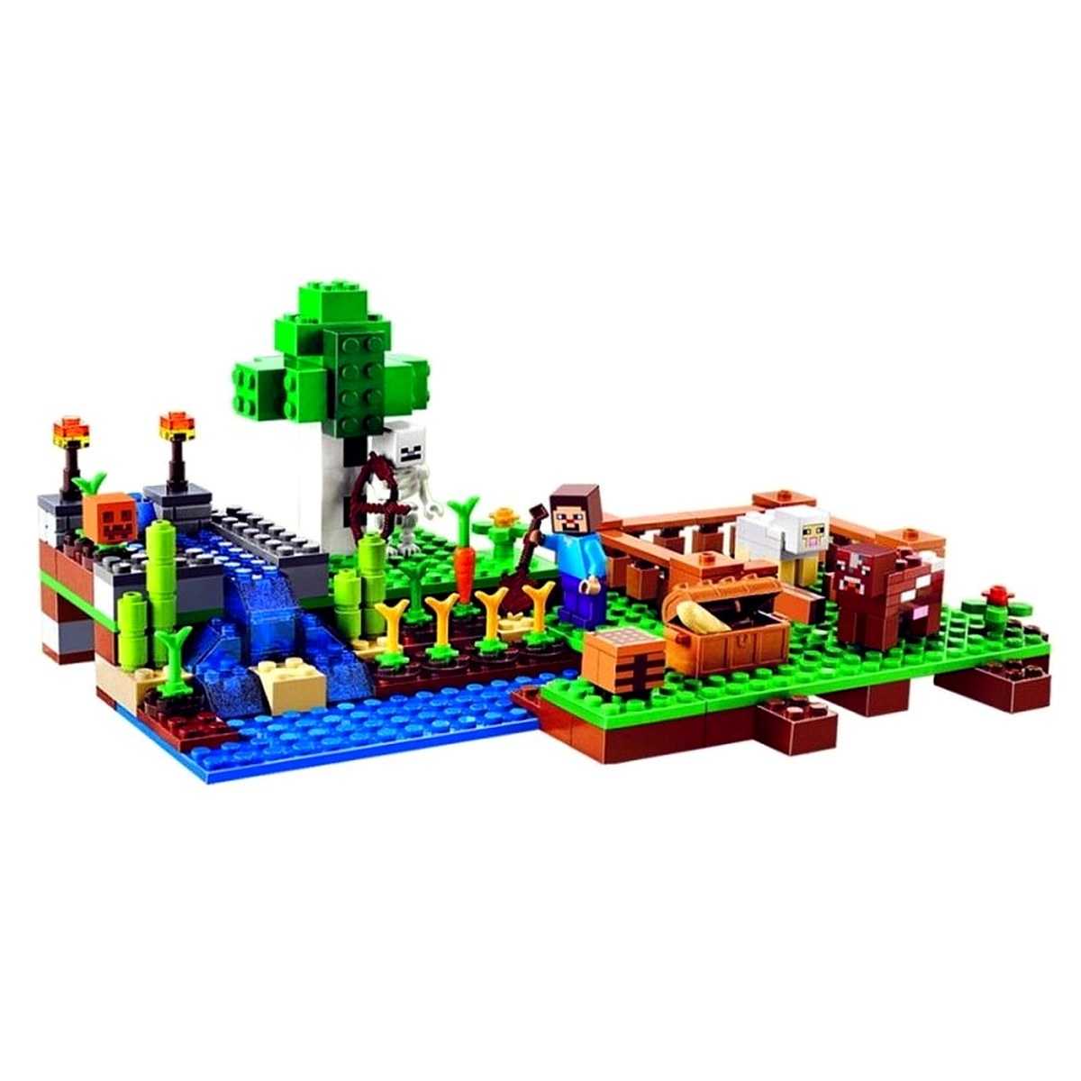 Granja de Minecraft 10175 montada con árbol, corral de animales y cultivos
