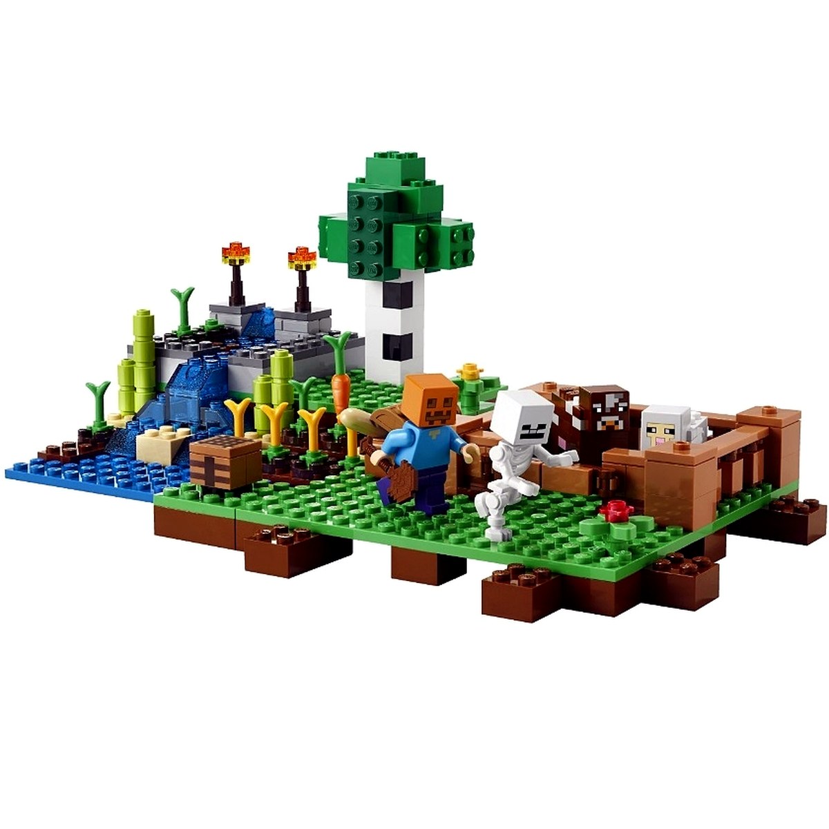 Set Minecraft La Granja 10175 armado con Steve, esqueleto, vaca, oveja y cascada