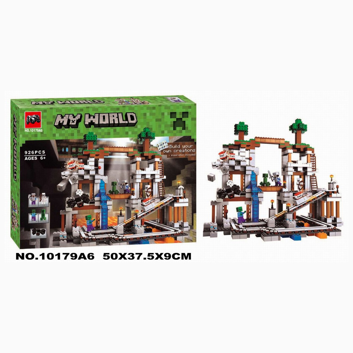 Set Minecraft La Mina 10179A6: medidas de caja 50 x 37.5 x 9 cm y modelo armado