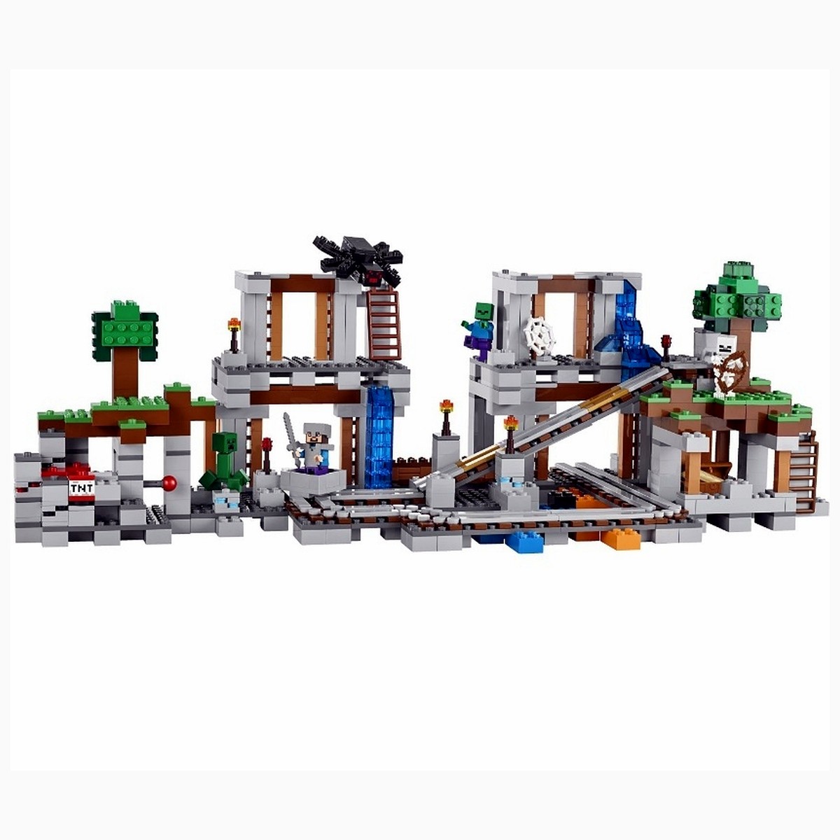 Modelo armado de la mina de Minecraft de varios niveles con rieles, cascada y TNT