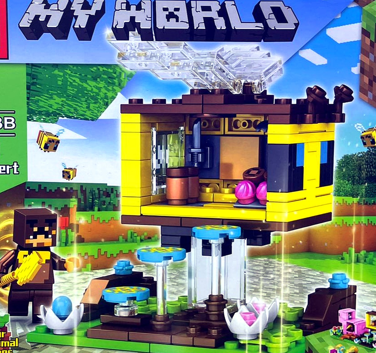 Modelo armado de la Tienda de Postres de Abejas Minecraft MG1253B con abejas y jardín de miel