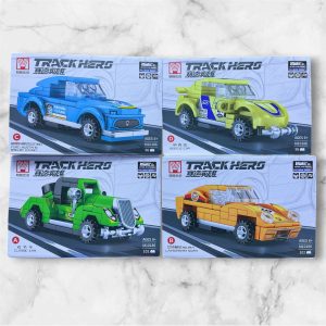 Set completo Mingge Youchuang TrackHers M10186 con cuatro autos pull back armables Classic Car, Lamborghini Miura, Ford Mustang Shelby GT350 y Beetle Car