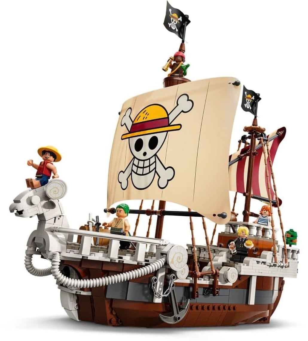 Modelo armado del barco Going Merry de One Piece con vela y tripulacion