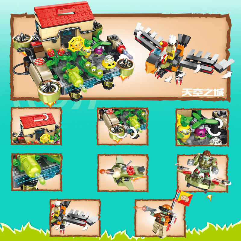 Construcciones y vehiculos del set Plantas vs Zombies Ciudad del Cielo JX90090