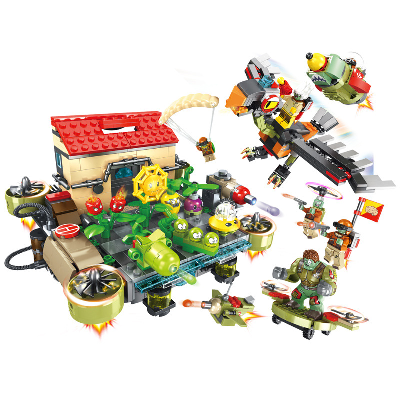 Modelo armado de la isla flotante Ciudad del Cielo de Plantas vs Zombies con plantas y zombies