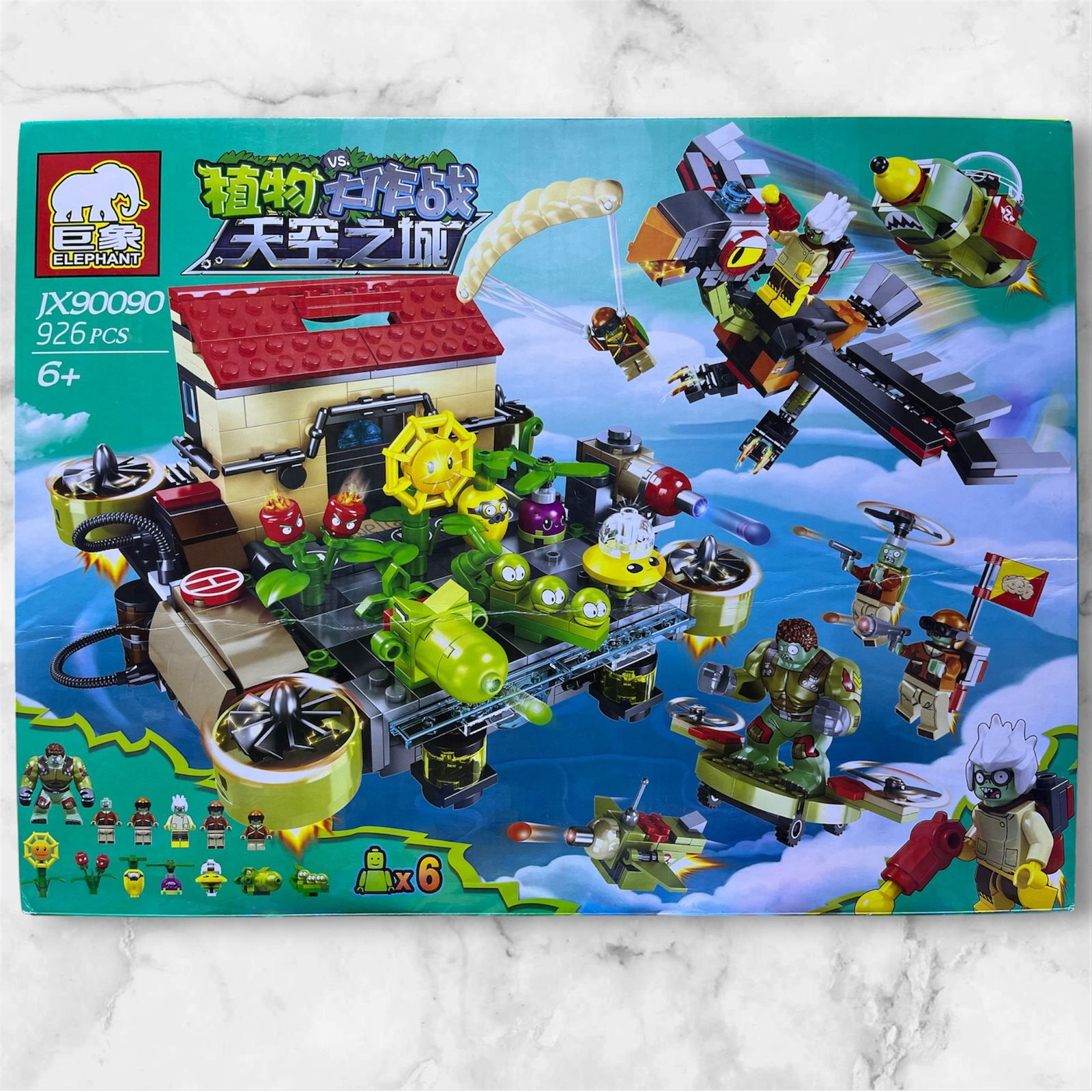 Caja del set Plantas vs Zombies Ciudad del Cielo JX90090 de 926 piezas de la marca Elephant