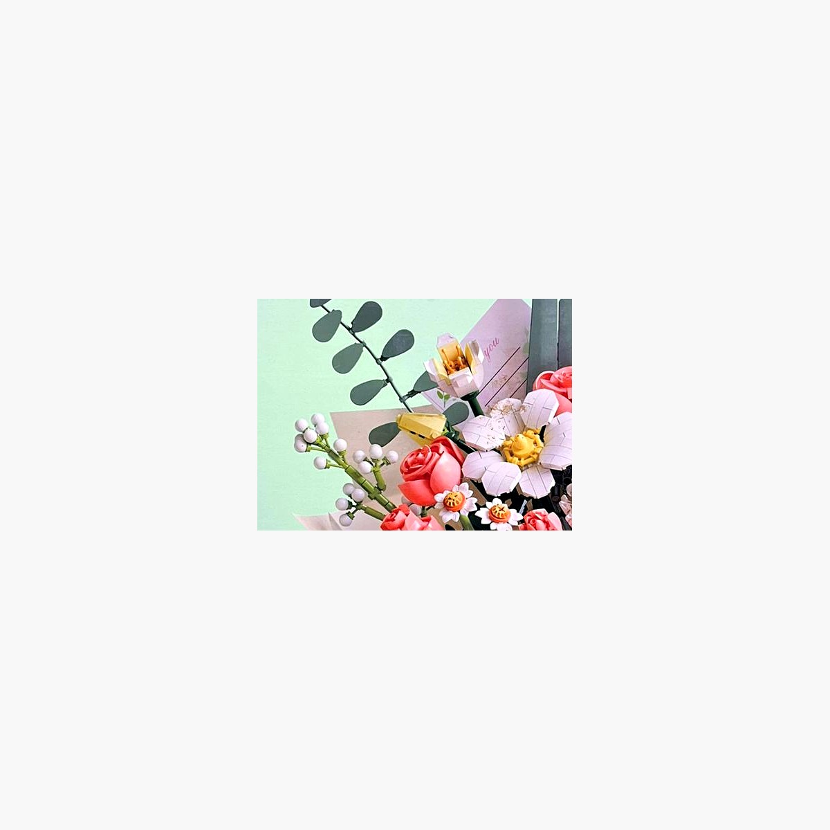 Flores variadas armables: margaritas, tulipanes y eucalipto del ramo BrickUnion HW21002