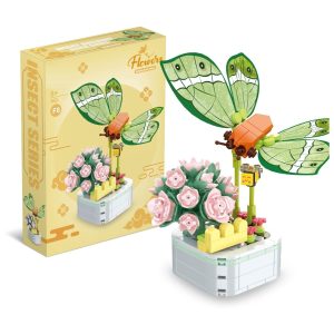 Caja y modelo armado del set Zuanma Flowers 103-F8: maceta de rosas rosadas con mariposa verde