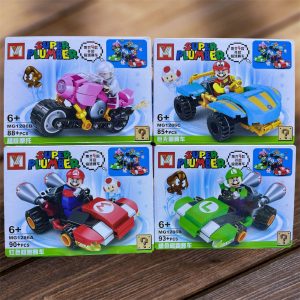 Set de 4 karts armables Mario Bros Super Plumber MG1286 con Mario, Luigi, auto azul y moto rosa, 356 piezas compatible con LEGO