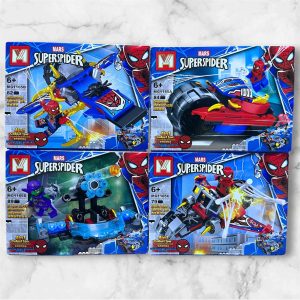 Set de 4 vehículos armables de Spider-Man MARS SUPERSPIDER MG1165 compatibles con LEGO: moto fantasma, jet invencible con Iron Spider, jet destructor y el arma del Duende Verde