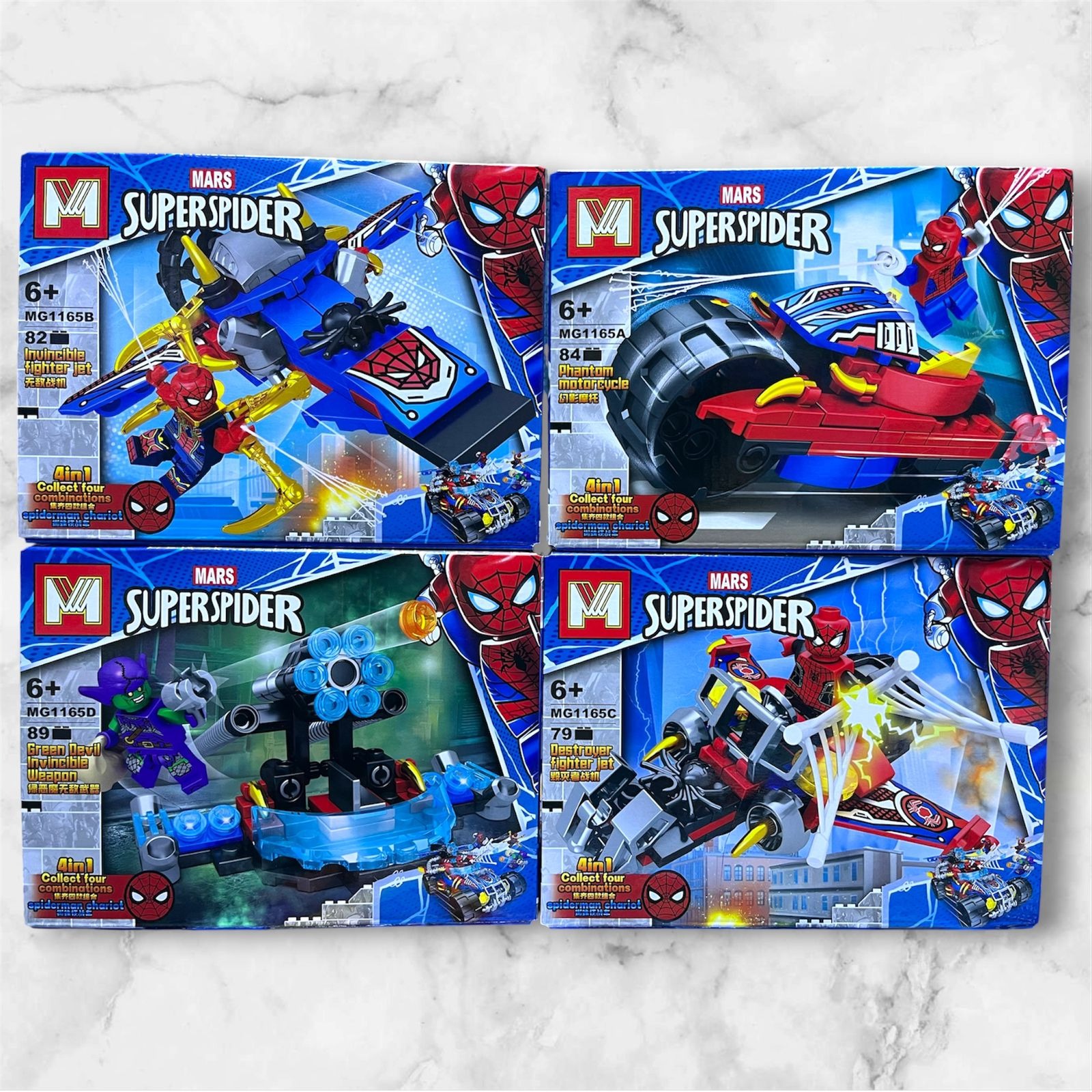 Set de 4 vehículos armables de Spider-Man MARS SUPERSPIDER MG1165 compatibles con LEGO: moto fantasma, jet invencible con Iron Spider, jet destructor y el arma del Duende Verde
